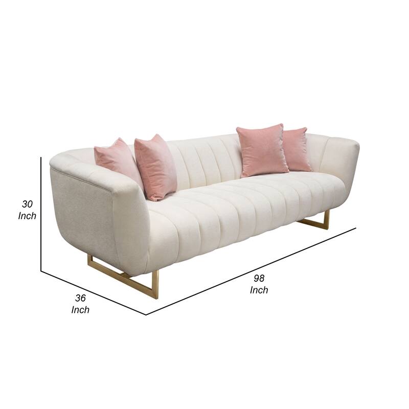 Eva Sofa with 4 Pink Accent Pillows, Cream and Gold Metal Base 98 Inch