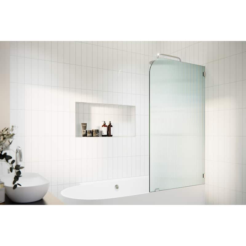 Aurora 58.25" x 34" Frameless Bath Shower Door - Single Fixed Panel Fluted Frosted Radius Right Hand - Brushed Nickel
