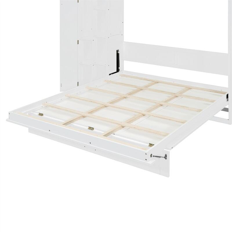 Full/Queen Size Murphy Bed Wall Bed with LED Lights and Storage Cabinet, Foldable Murphy Cabinet Bed with Open Storage Shelves