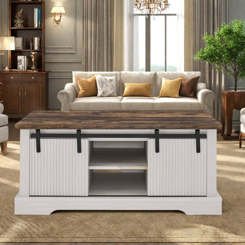 41.3" MDF Modern Coffee Table with Adjustable Shelf, Open Cubby, and Metal Mesh Accents - Brown+White