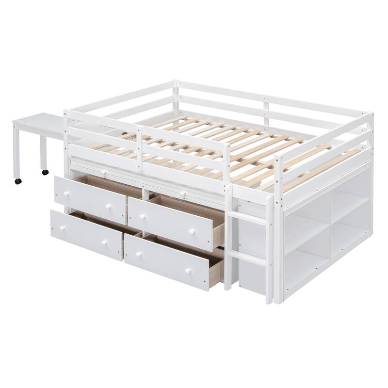 Loft Bed with Retractable Writing Desk and 4 Drawers