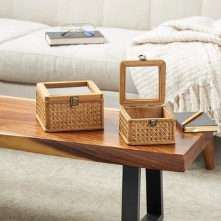 Brown Rattan Handmade Woven Decorative Box with Bronze Latches (Set of ...