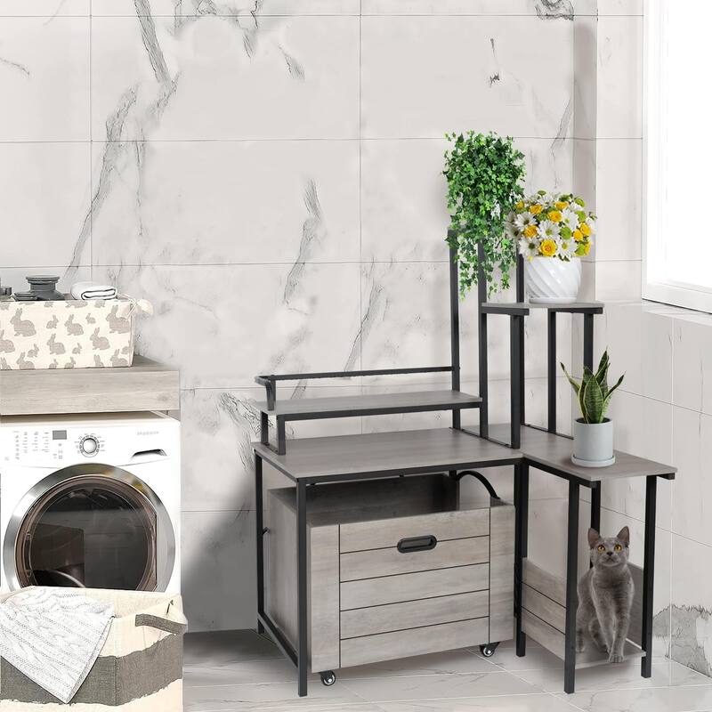 Farmhouse Cat Litter Box Enclosure Furniture with Flower Stand - 36.8"L x 31.5"W x 51"H