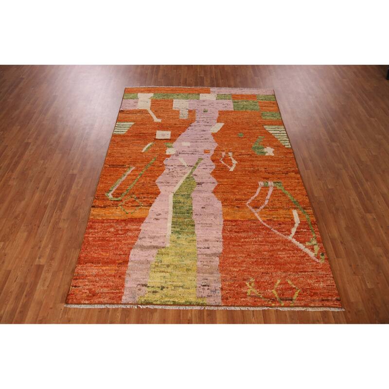 Orange Moroccan Area Rug Hand-Knotted Oriental Wool Carpet - 6'7" x 9'9"