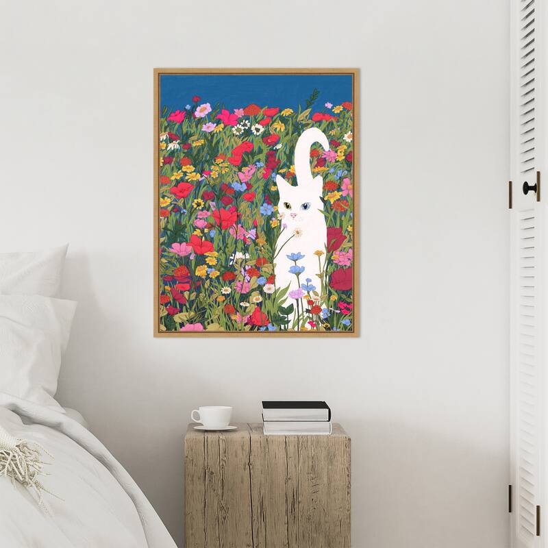 White Cat in the Wildflowers by Ec Mazur Framed Canvas Wall Art
