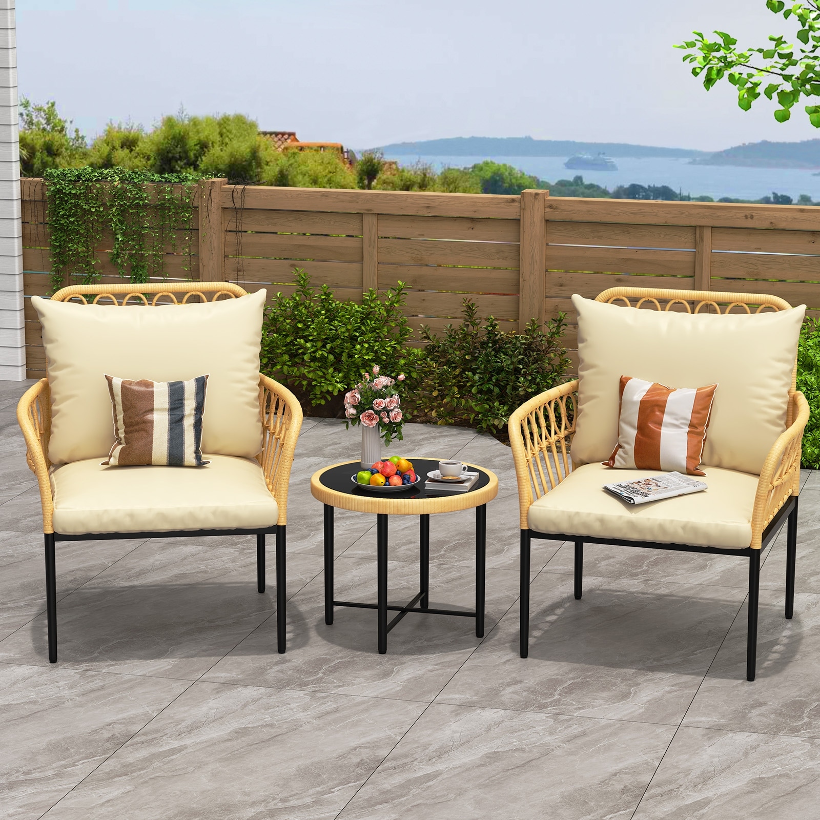 3-Pieces Patio Bistro Set, Outdoor Wicker Furniture with Tempered Glass Table, All-Weather PE Rattan and Steel Frame