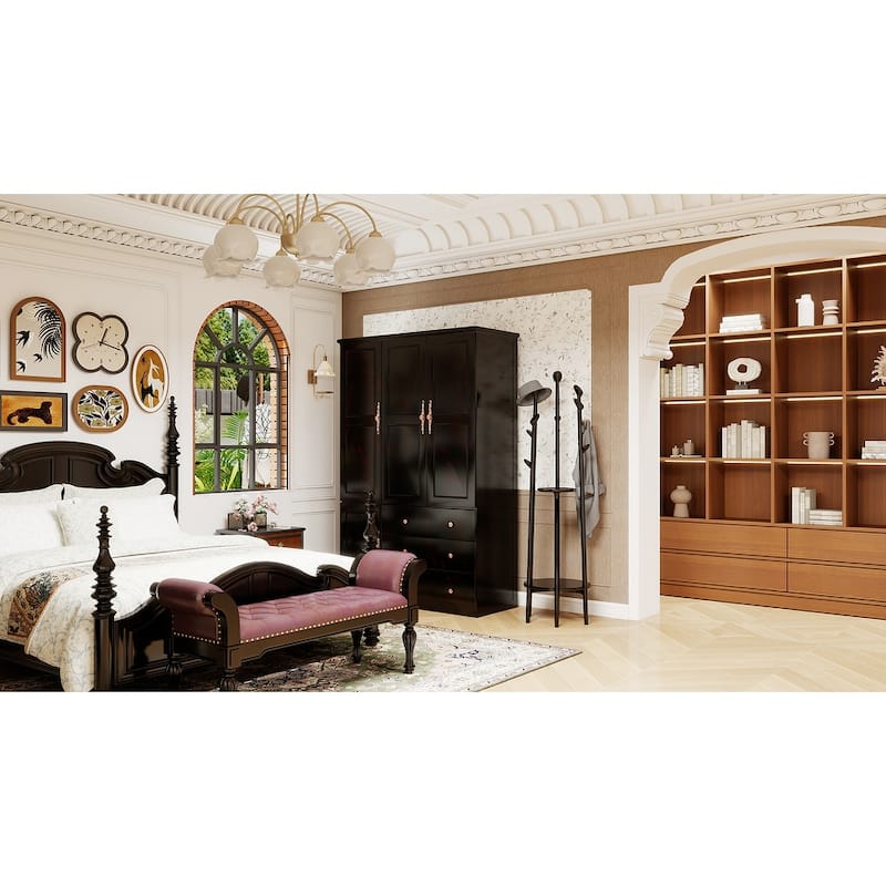 100% Solid Wood Black Walnut Armoire Wardrobe Closet with Drawer and Hanging Rod, Farmhouse Style Wardrobe Closet with 3 Door