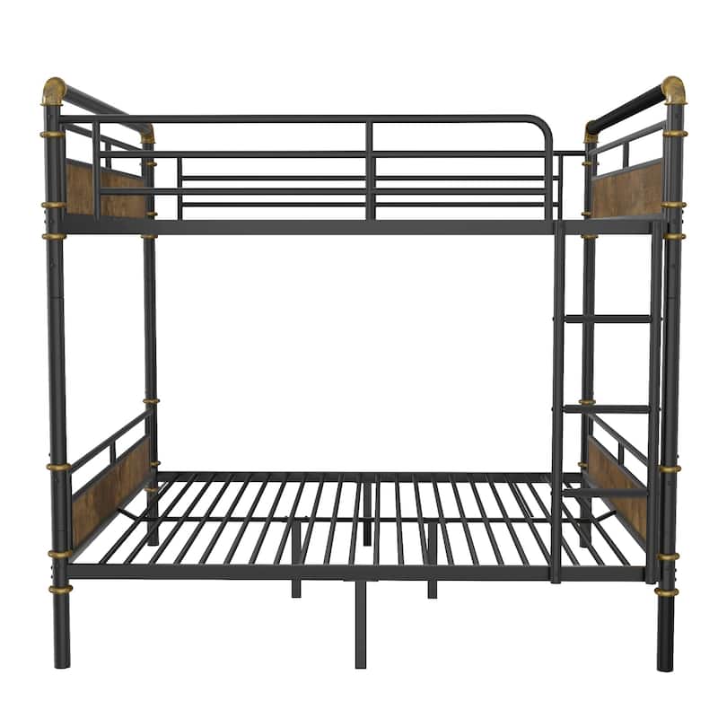 Queen over Queen Metal Bunk Bed, Industrial Detachable Bunkbeds with Safety Guard Rails for Teens, Black