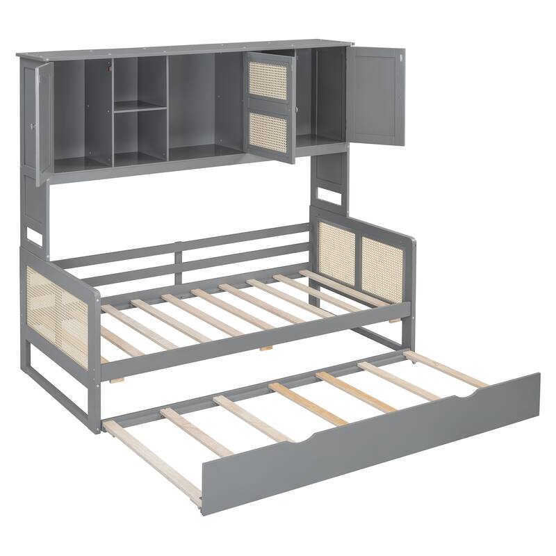Twin Size Wooden Daybed with Twin Size Trundle, All-in-One Cabinet and Shelf, Modern Sofa Bed Frame w/ Wood Slat Support