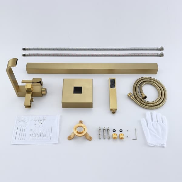 dimension image slide 1 of 2, 34.6"H Solid Brass Freestanding Waterfall Tub Filler with Handheld Shower