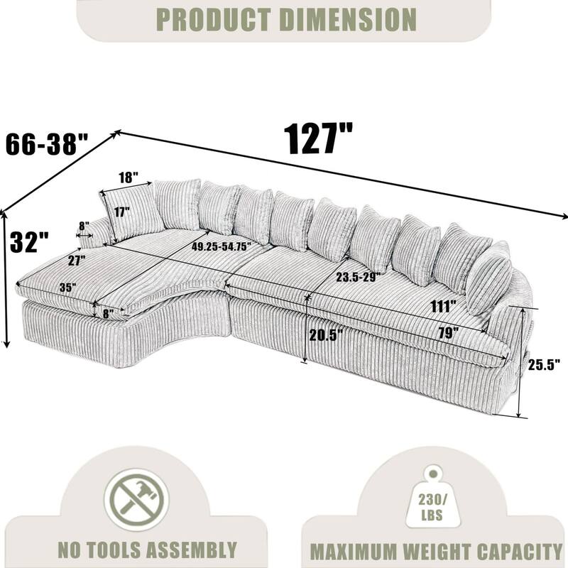 127'' L-Shape Left Sectional Sofa with 10 Back Cushions, No Assembly