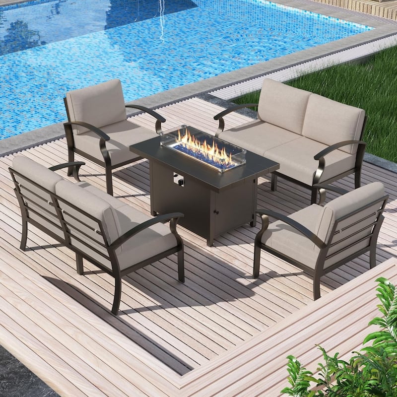 Kullavik Aluminum Outdoor Patio Furniture with Curved Armrests & Firepit Table - 6 seatA w/Firepit - Khaki