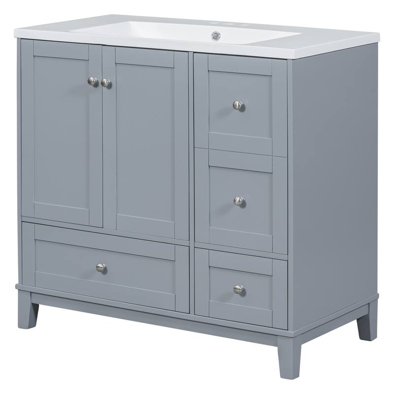 36" Modern Bathroom Vanity with USB Charging, 2Doors and 3Drawers Storage Vanity Cabinet, single sink, Faucets Not Included
