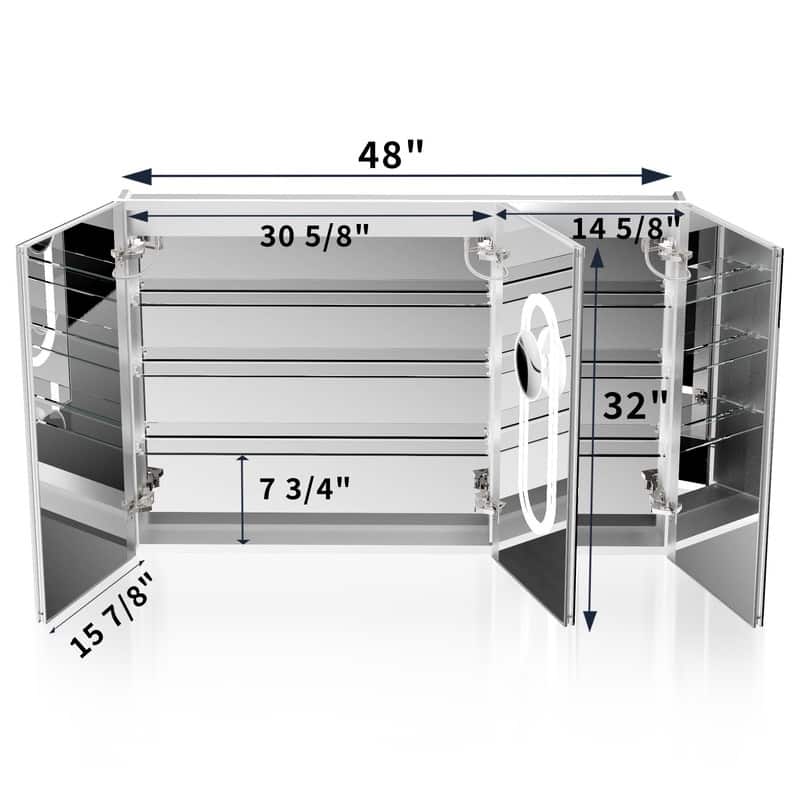 MEDUNJESS Triple Opening Frameless Demist Bathroom Mirror Cabinet - 48x32T