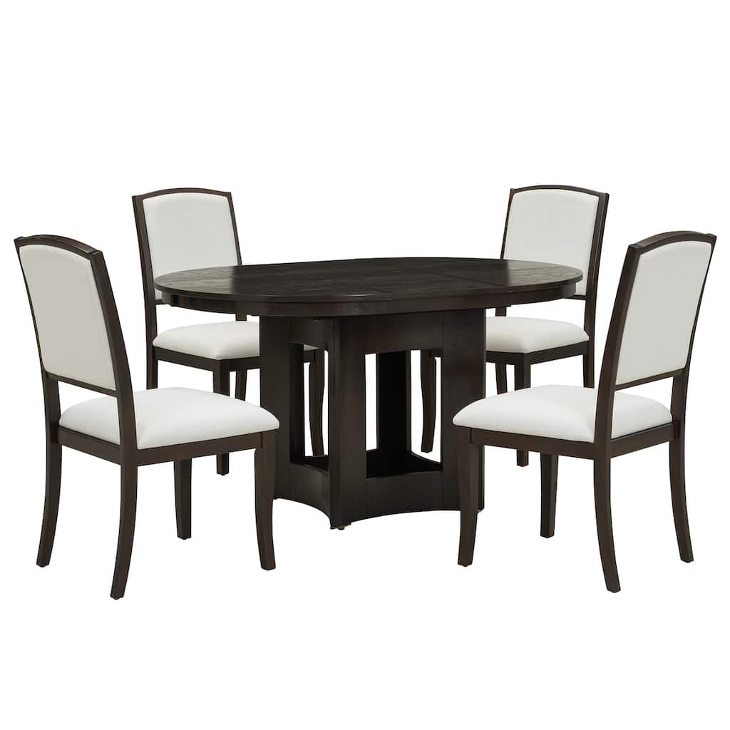 5-Piece, Farmhouse Extendable Round Dining Table Set with 4 Chairs and Removable Leaf, for kitchen and Dining Room