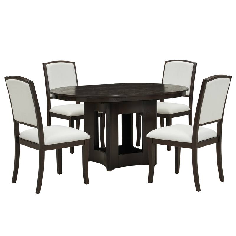 Extendable Round Dining Table Set for 4, 5-Piece Kitchen Table Set with 4 Upholstered Chairs and 16inch Removable Leaf