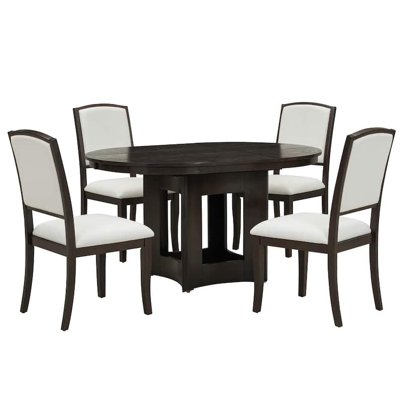 Roomfitters 5-Piece Extendable Round Dining Table Set, Farmhouse Kitchen Table with 16" Leaf and 4 Chairs