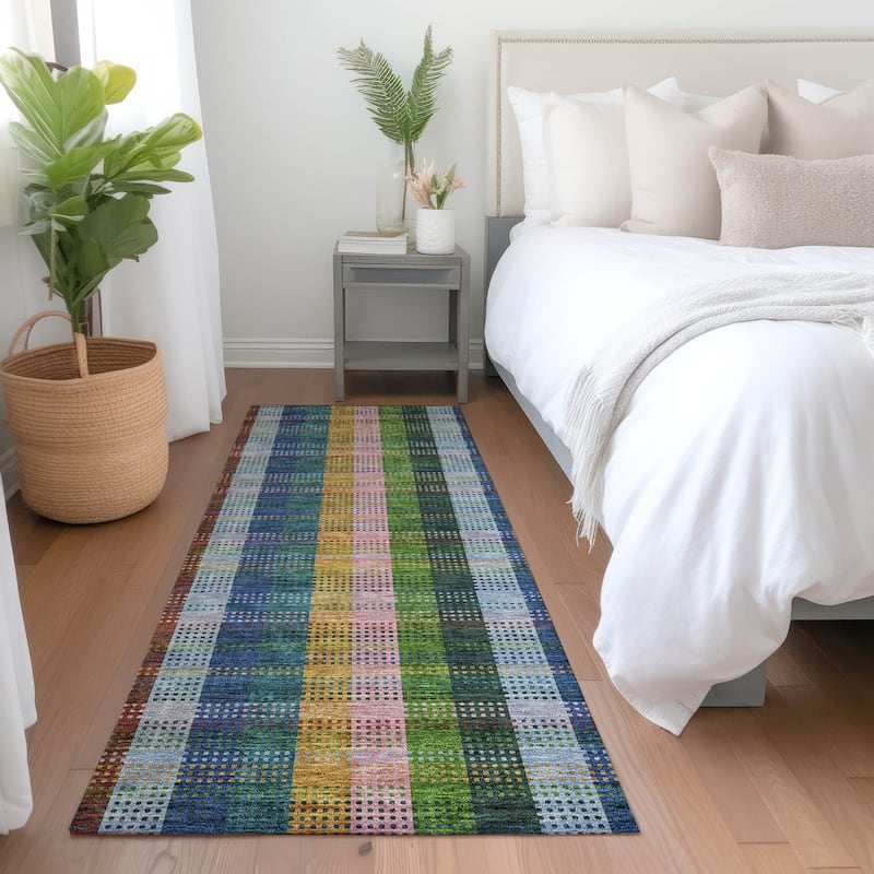 Machine Washable Indoor/ Outdoor Modern Plaid Chantille Rug