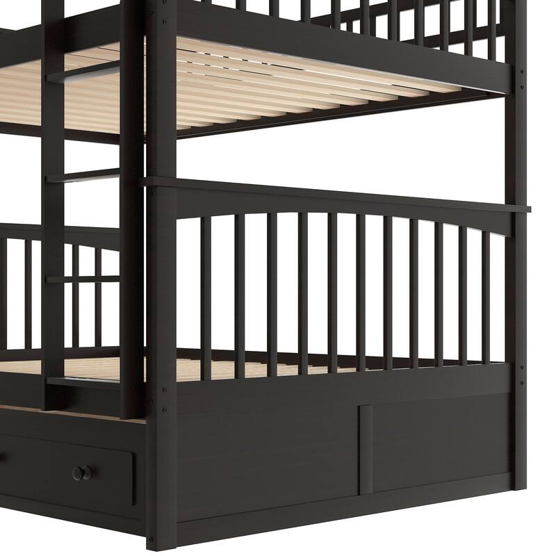 Wooden Storage Bunk Bed Frame with Fence-shaped Guardrails and Pull-out Drawers, Convertible 2 Platform Beds, Detachable Design