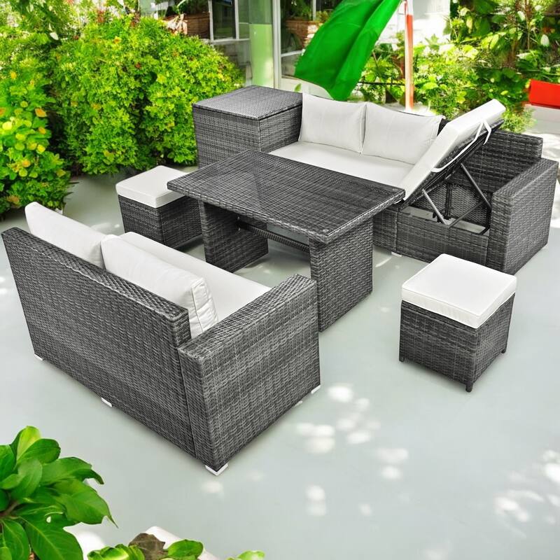 6-Piece Outdoor All-Weather PE Rattan Sofa Set with Adjustable Seating, and Glass Table for Patio, Garden, or Backyard