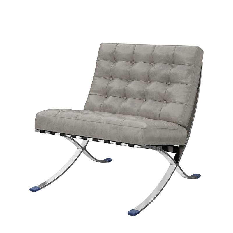 HomeRoots 30" Gray and Silver Tufted Faux Leather and Stainless Steel Folding Lounge Chair - 30.00 in. x 30.00 in. x 31.00 in.