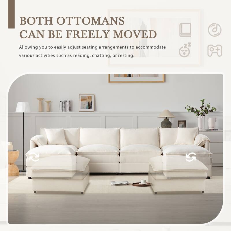136" Chenille U Shaped 6 - Seat Modular Sectional Sofa with Double Cushions and Movable Ottomans, Cream