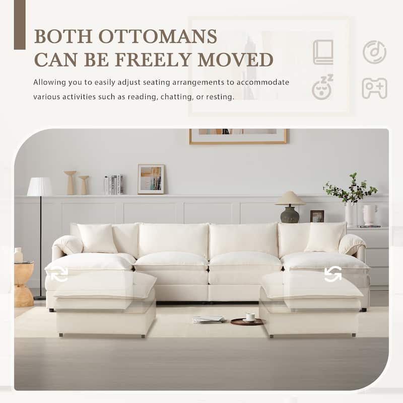Double Cushions U-Shaped Cloud Couch Sleeper Bed w/ Movable Ottomans