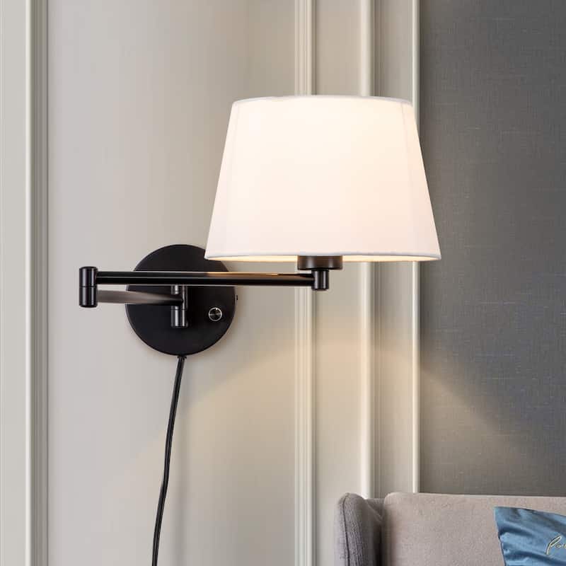 2-Pack Black Swing Arm Wall Light Plug-In with Linen Shade