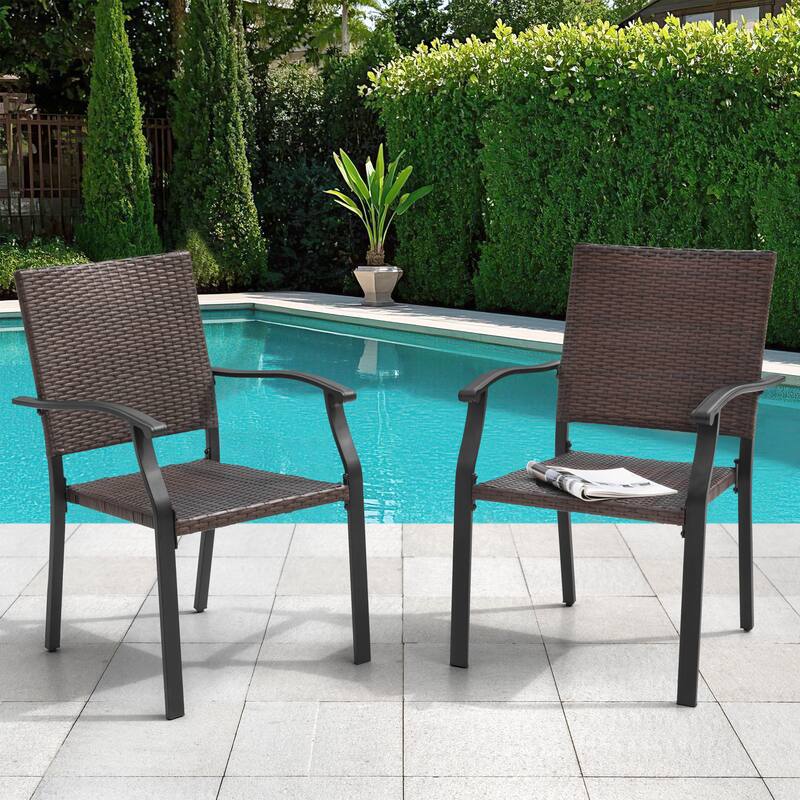 Outdoor Patio Iron Dining Chairs, All-Weather Wicker Material, Black