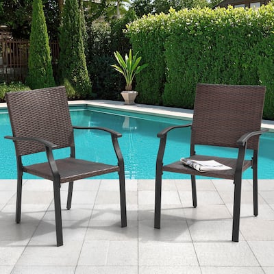 Outdoor Patio Iron Dining Chairs, All-Weather Wicker Material, Black