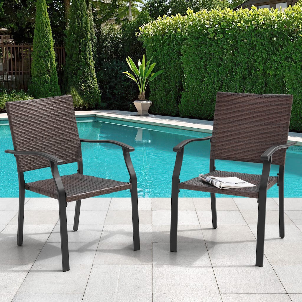 Outdoor Patio Iron Dining Chairs, All-Weather Wicker Material, Black