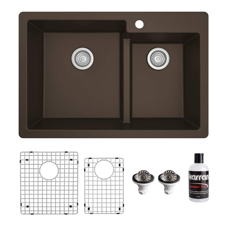 Karran 33" Top Mount Large/Small Bowl Quartz Kitchen Sink Kit - 33" x 22" x 9"