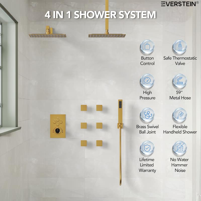 Thermostatic Dual Shower Head System ,12" High-Pressure Rainfall Shower Faucet with Four-Function Sprays