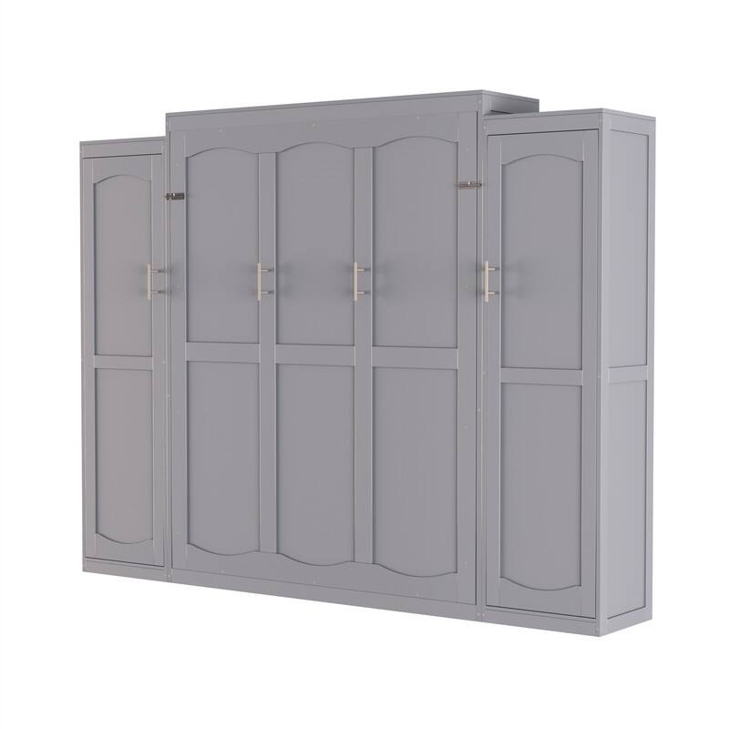 Wooden Murphy Bed Wall Bed with 2 Bulit-in Wardrobes, Full/Queen Size Foldable Murphy Cabinet Bed with Storage Shelves