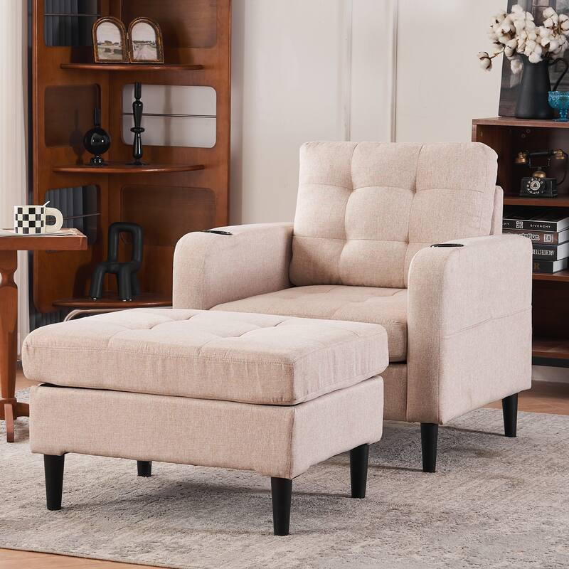 Beige Upholstered Armchair and Storage Ottoman Set with Cup Holders and Tufted Detailing