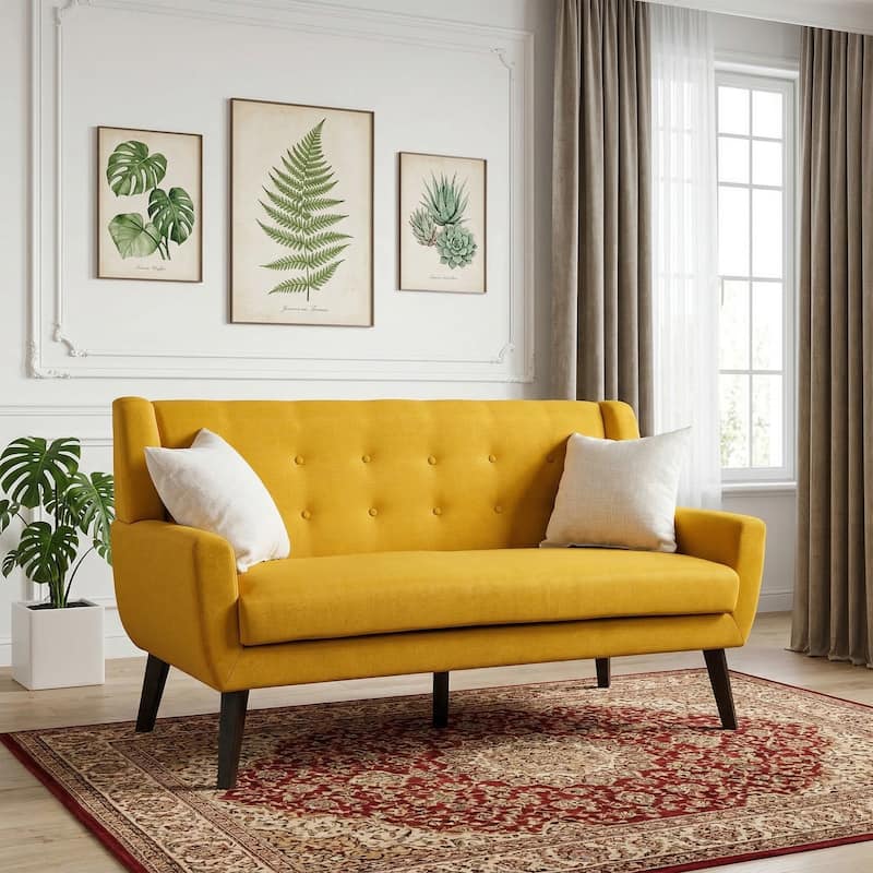 Modern 63-Inch Linen Tufted Loveseat Sofa with Pillows - Yellow