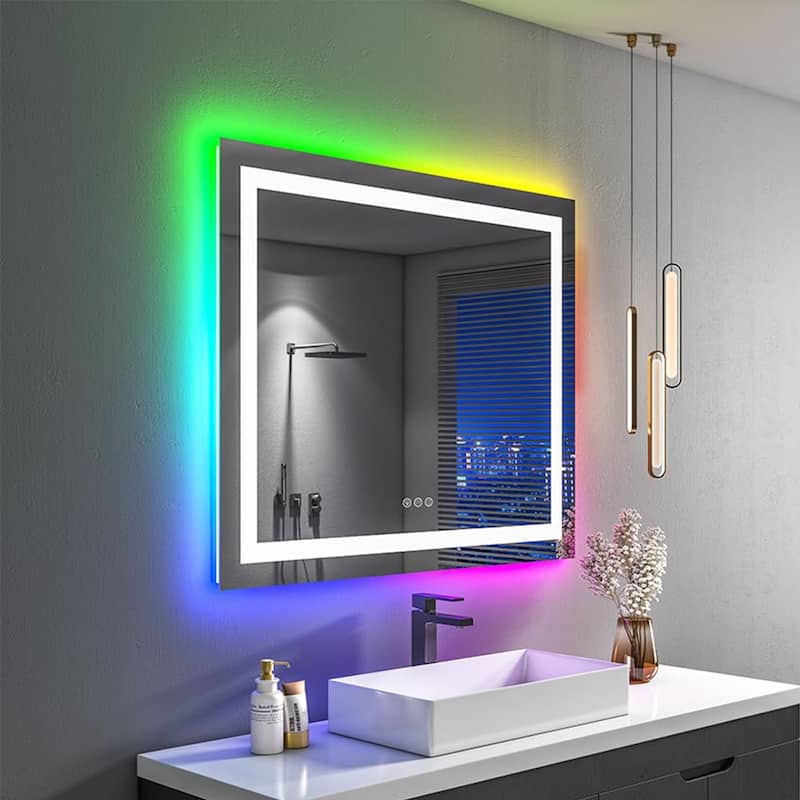 Super Bright RGB Backlit & LED Frontlit Anti-Fog Bathroom Vanity Mirror in Tempered Glass & ETL