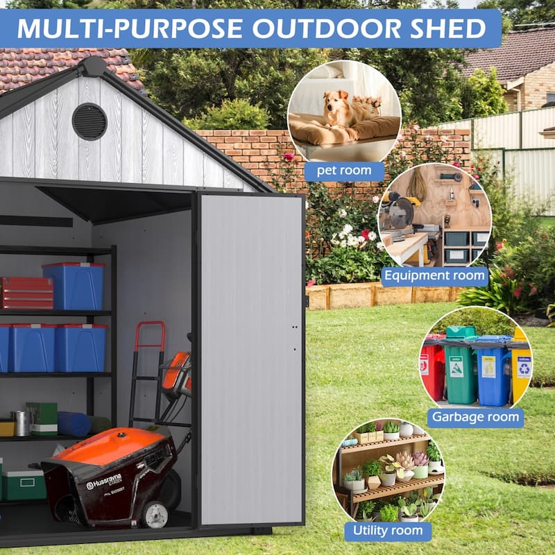 8ft Outdoor Plastic Storage Shed With Floor, 435 Cuft Waterproof Garden Shed With Lockable Door, Plastic Tool Storage