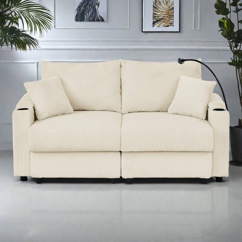 73" Corduroy Modern 2-Seater Sofa Deep Seat with Cup Holders & Phone Holder - Beige
