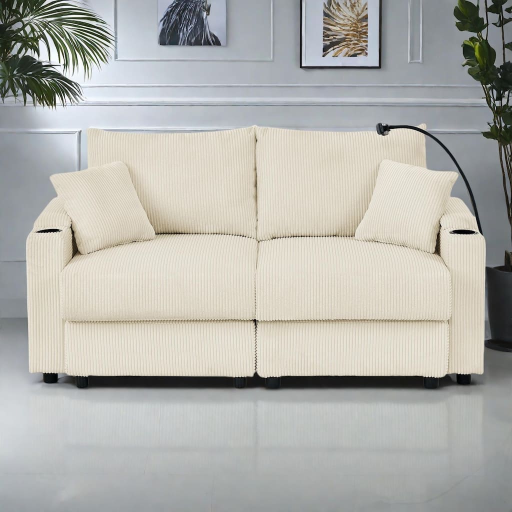 73" Corduroy Modern 2-Seater Sofa Deep Seat with Cup Holders & Phone Holder