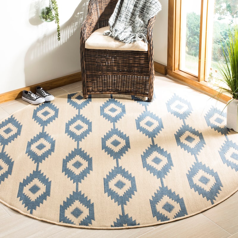SAFAVIEH Linden Seda Indoor/ Outdoor Waterproof Patio Backyard Rug - 6'7" Round - Blue/Creme