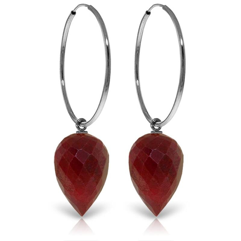 14K Solid Gold Hoop Earrings w/ Pointy Briolette Drop Dyed Rubies - White