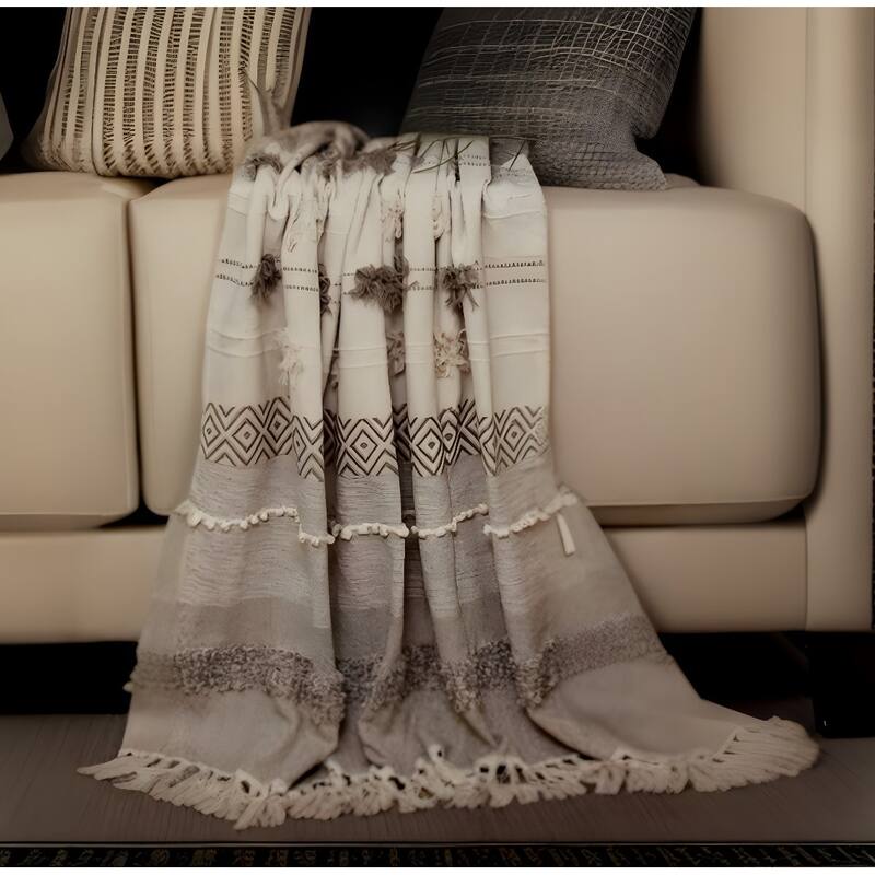 Beige Woven Wool Solid Color Reversable Throw
