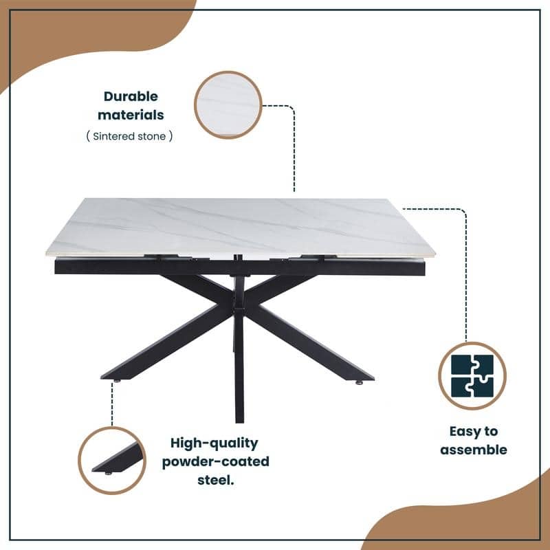Luvic Extendable Sintered Stone Dining Table - Modern Rectangular Table with Steel Cross-Base