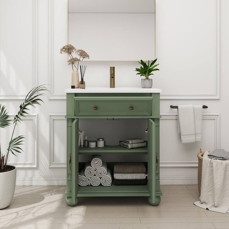 27.8-Inch Mid-Century Bathroom Vanity Sink with Roman Column Base, Farmhouse Freestanding Storage Cabinet