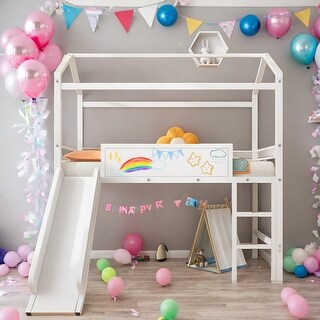 Twin Metal Loft House Bed With Slide & Two-sided writable Board, White