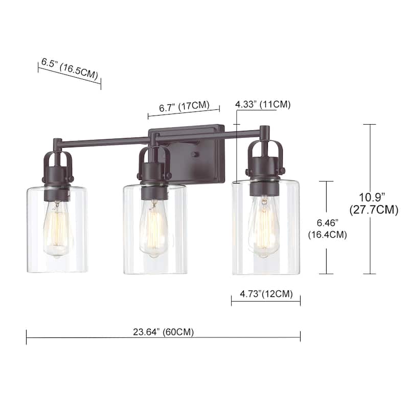 3-Light Bathroom Vanity Light with Cylinder Clear Glass Shades