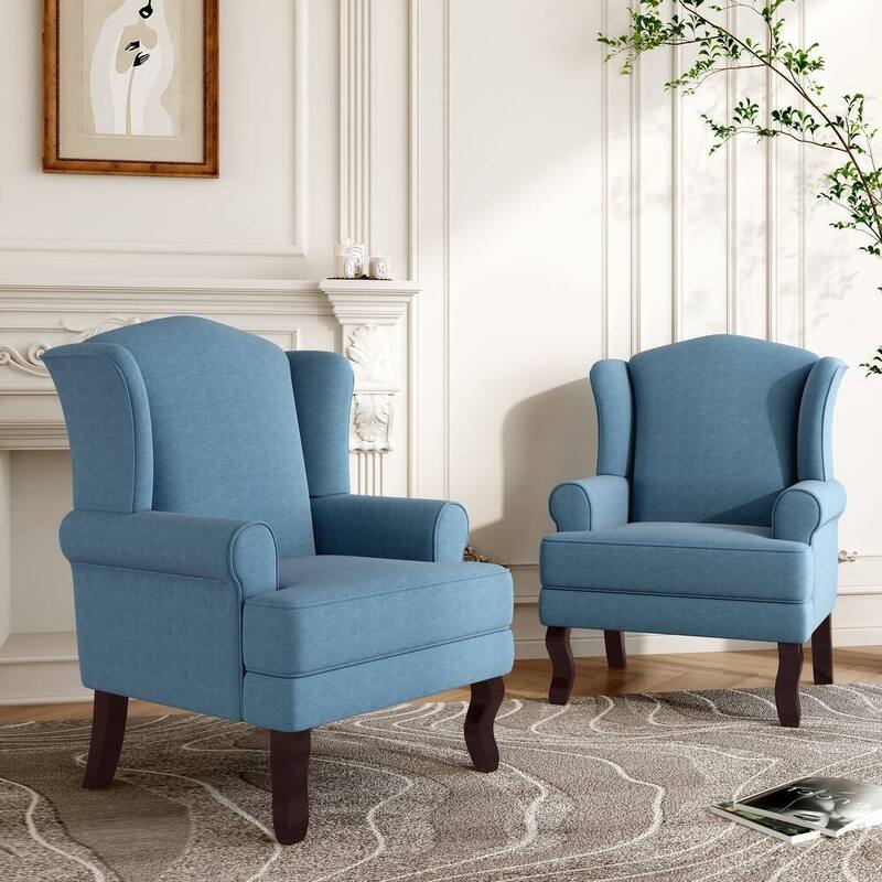 2 Set Modern Upholstery Wingback Accent Chair - Sky Blue/ Linen