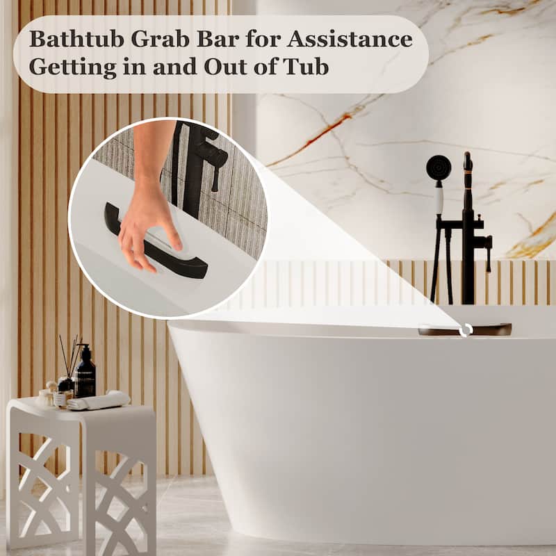 63 in. x 30 in. Solid Surface Stone Resin Freestanding Soaking Bathtub in. White with Tub Grab Bar and Drain Assembly