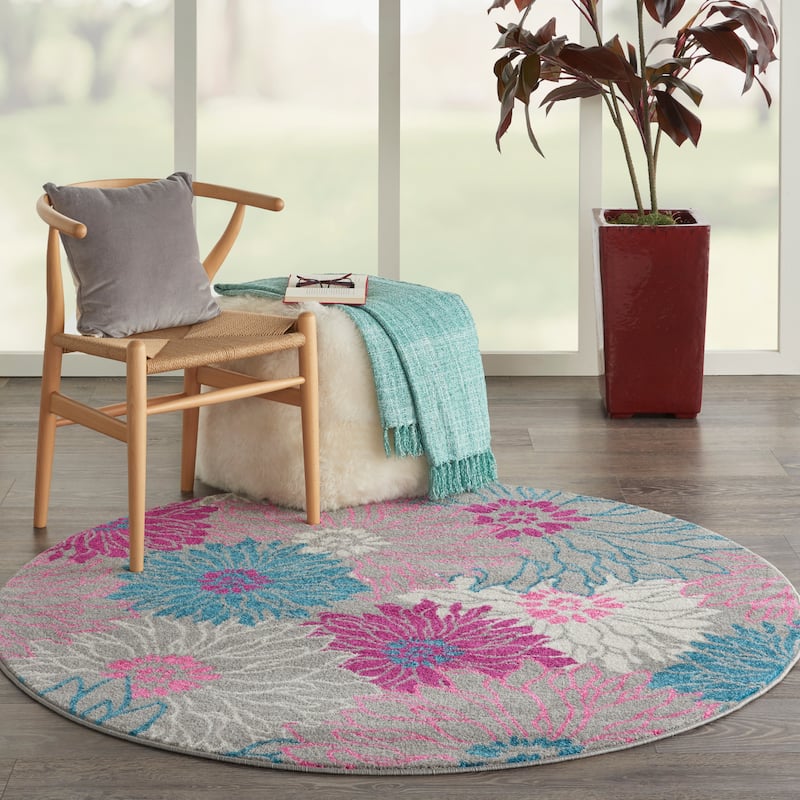 Nourison Passion Abstract Modern Floral Area Rug - 4' Round - Pink/Grey